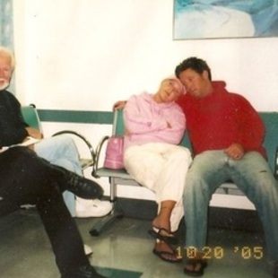 My father, sister and her boyfriend in the hospital waiting room